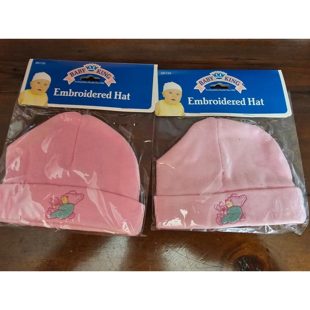 Baby King 2003 Vintage Pink Embroidered Teddy Bear Infant Beanie Hat Set  2pk
